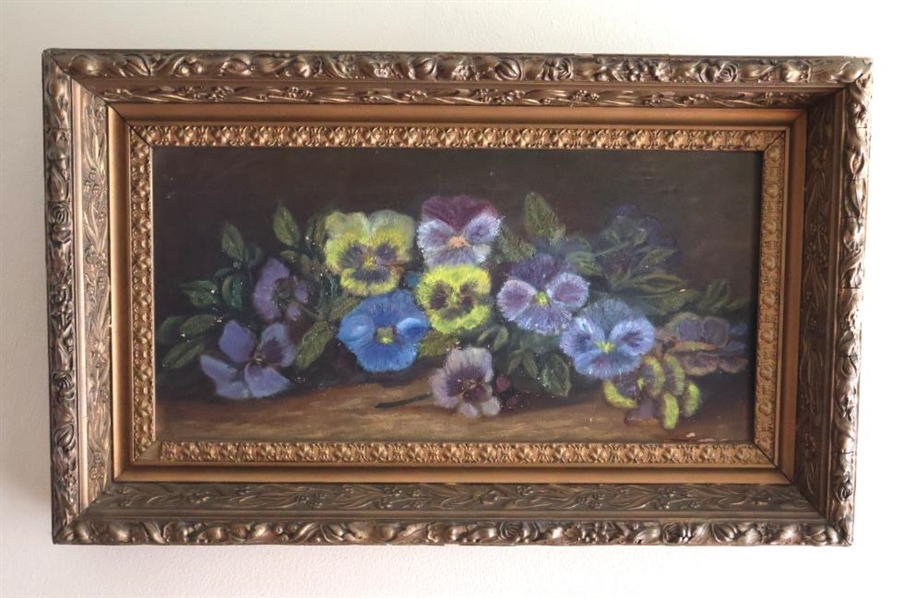 19th Century Oil On Canvas Painting of Pansy Flowers Fremd in Beautiful Gold Gilt Frame - Frame is 12" By 20" 