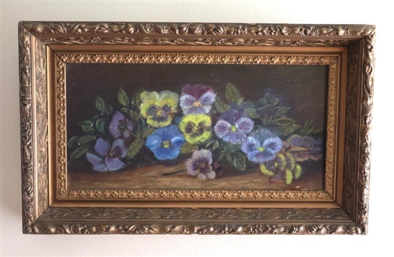 19th Century Oil On Canvas Painting of Pansy Flowers Fremd in Beautiful Gold Gilt Frame - Frame is 12" By 20" 