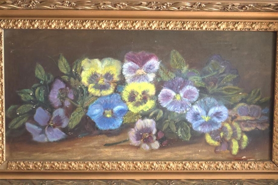 19th Century Oil On Canvas Painting of Pansy Flowers Fremd in Beautiful Gold Gilt Frame - Frame is 12 By 20 