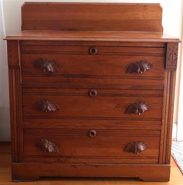 Walnut Victorian Chest with Backsplash - Fruit Carved Drawer Pulls - Carved Flower Crests Above Reeded Pilasters - 27" Tall 31" by 14" - Not Including Backsplash 