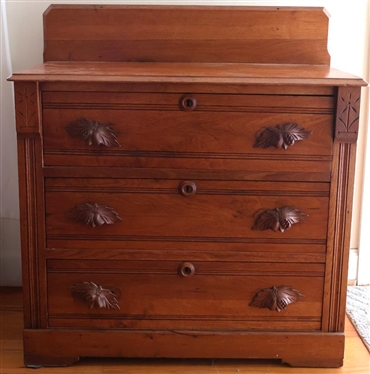 Walnut Victorian Chest with Backsplash - Fruit Carved Drawer Pulls - Carved Flower Crests Above Reeded Pilasters - 27" Tall 31" by 14" - Not Including Backsplash 