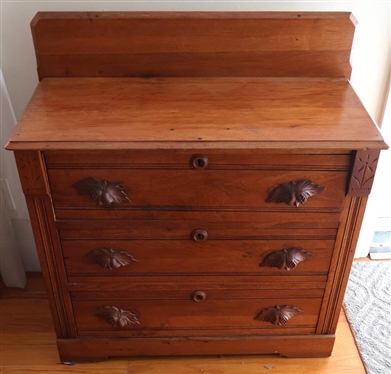 Walnut Victorian Chest with Backsplash - Fruit Carved Drawer Pulls - Carved Flower Crests Above Reeded Pilasters - 27 Tall 31 by 14 - Not Including Backsplash 