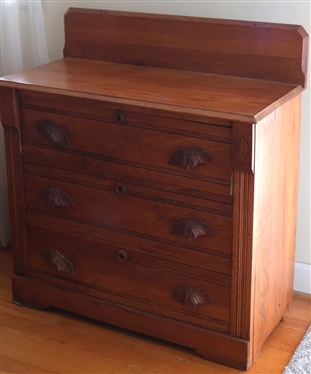 Walnut Victorian Chest with Backsplash - Fruit Carved Drawer Pulls - Carved Flower Crests Above Reeded Pilasters - 27 Tall 31 by 14 - Not Including Backsplash 