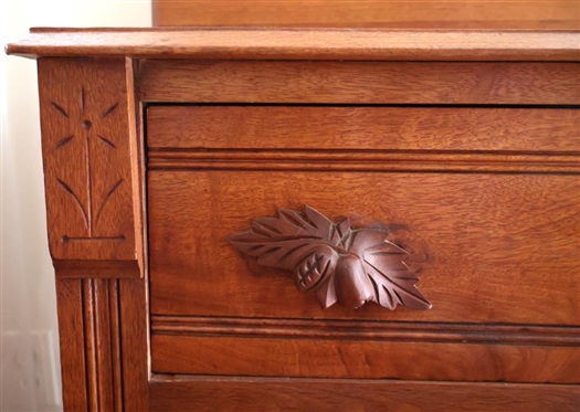 Walnut Victorian Chest with Backsplash - Fruit Carved Drawer Pulls - Carved Flower Crests Above Reeded Pilasters - 27 Tall 31 by 14 - Not Including Backsplash 