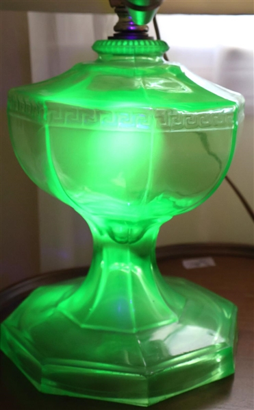 Green Uranium Glass Roman Key Oil Lamp - Electrified But Not Drilled - Attractive Oriental Finial - Lamp is 9 1/2" Tall to Burner 
