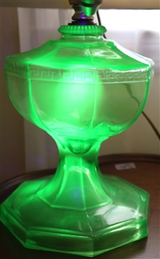Green Uranium Glass Roman Key Oil Lamp - Electrified But Not Drilled - Attractive Oriental Finial - Lamp is 9 1/2" Tall to Burner 