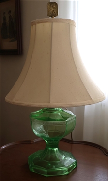 Green Uranium Glass Roman Key Oil Lamp - Electrified But Not Drilled - Attractive Oriental Finial - Lamp is 9 1/2 Tall to Burner 