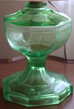 Green Uranium Glass Roman Key Oil Lamp - Electrified But Not Drilled - Attractive Oriental Finial - Lamp is 9 1/2 Tall to Burner 