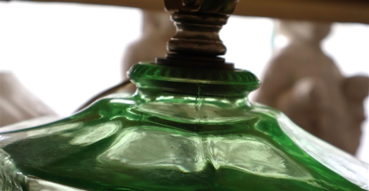 Green Uranium Glass Roman Key Oil Lamp - Electrified But Not Drilled - Attractive Oriental Finial - Lamp is 9 1/2 Tall to Burner 