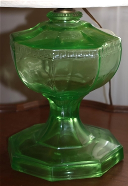 Green Uranium Glass Roman Key Oil Lamp - Electrified But Not Drilled - Attractive Oriental Finial - Lamp is 9 1/2 Tall to Burner 