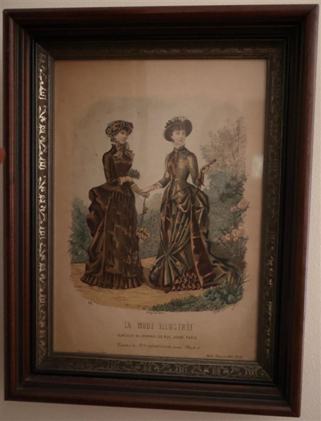 French Fashion Print Framed in Walnut Shadow Box Frame Print is Dated 1883 - Frame Holds 8" By 10" Art 