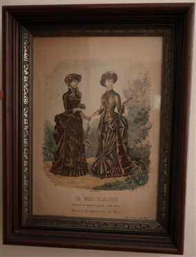 French Fashion Print Framed in Walnut Shadow Box Frame Print is Dated 1883 - Frame Holds 8" By 10" Art 