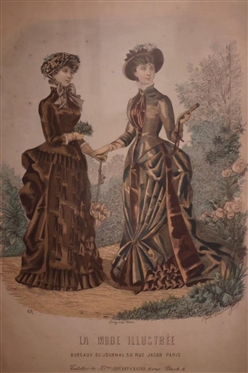 French Fashion Print Framed in Walnut Shadow Box Frame Print is Dated 1883 - Frame Holds 8 By 10 Art 