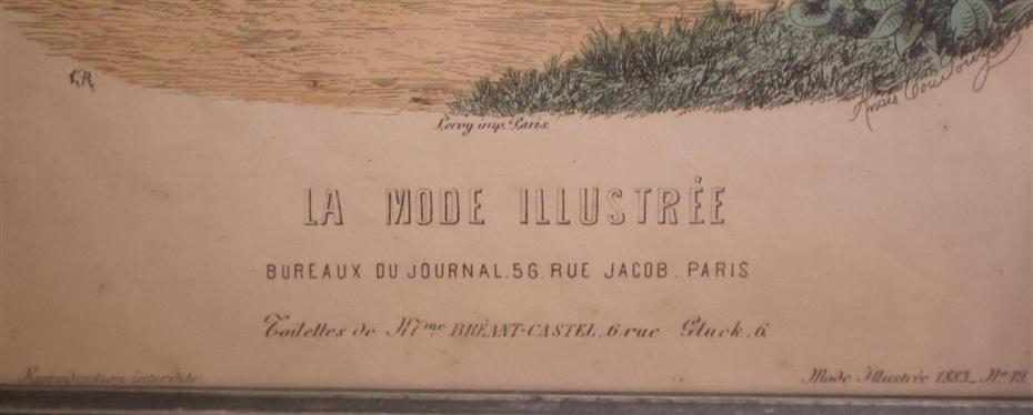 French Fashion Print Framed in Walnut Shadow Box Frame Print is Dated 1883 - Frame Holds 8 By 10 Art 