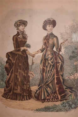 French Fashion Print Framed in Walnut Shadow Box Frame Print is Dated 1883 - Frame Holds 8 By 10 Art 