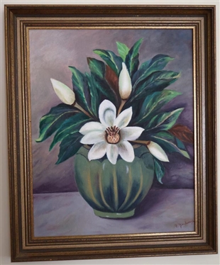 Original Oil on Board Painting by F. Yarborough - Still Life of Magnolia Flowers in Green Pot - Frame is 23" By 19" 