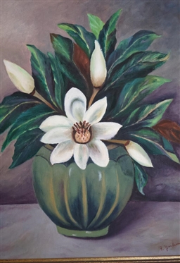 Original Oil on Board Painting by F. Yarborough - Still Life of Magnolia Flowers in Green Pot - Frame is 23 By 19 