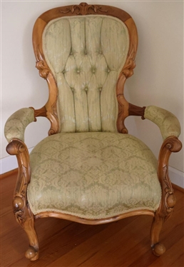 Beautiful  Walnut Victorian Parlor Chair - Brocade Upholstery - Button Tufted Seat Back - Chair is 37" Tall 29" Wide