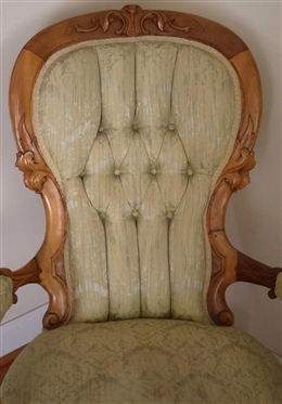 Beautiful  Walnut Victorian Parlor Chair - Brocade Upholstery - Button Tufted Seat Back - Chair is 37 Tall 29 Wide