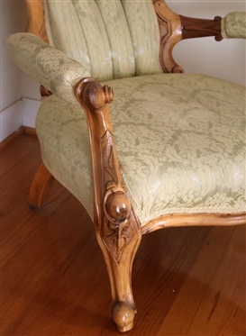 Beautiful  Walnut Victorian Parlor Chair - Brocade Upholstery - Button Tufted Seat Back - Chair is 37 Tall 29 Wide