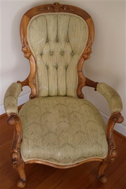 Beautiful  Walnut Victorian Parlor Chair - Brocade Upholstery - Button Tufted Seat Back - Chair is 37 Tall 29 Wide