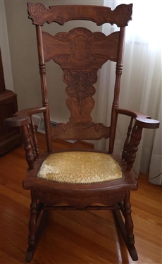 Very Nice Oak Press Carved Oak Rocking Chair with Velvet Seat - Nail Head Trim - Turned Spindles 