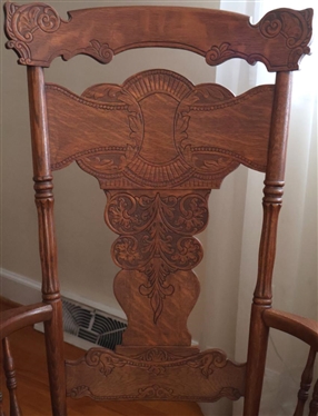 Very Nice Oak Press Carved Oak Rocking Chair with Velvet Seat - Nail Head Trim - Turned Spindles 