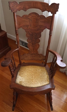 Very Nice Oak Press Carved Oak Rocking Chair with Velvet Seat - Nail Head Trim - Turned Spindles 