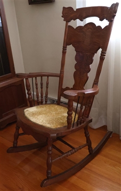 Very Nice Oak Press Carved Oak Rocking Chair with Velvet Seat - Nail Head Trim - Turned Spindles 