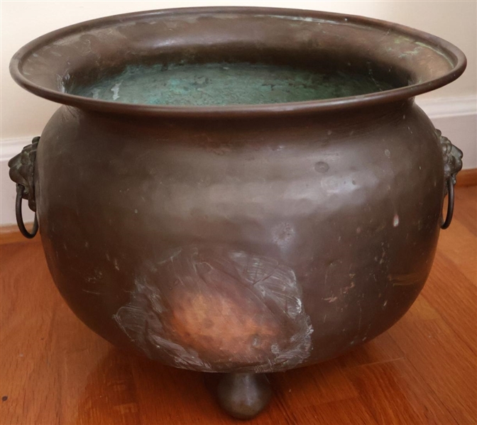Antique Brass Pot with Lions Heads  - Ball Feet - 10" Tall 13" Across