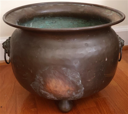 Antique Brass Pot with Lions Heads  - Ball Feet - 10" Tall 13" Across