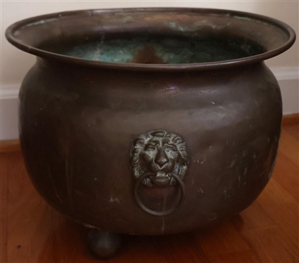 Antique Brass Pot with Lions Heads  - Ball Feet - 10 Tall 13 Across
