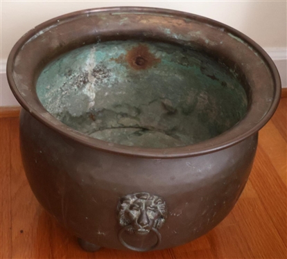 Antique Brass Pot with Lions Heads  - Ball Feet - 10 Tall 13 Across