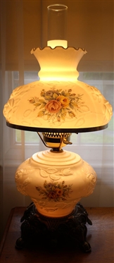 Gone with The Wind Style Table Lamp with Embossed Roses - Attractive Flowers on Shades - Lighted Top and Bottom - Lamp is 24 Tall 