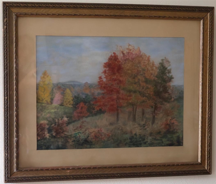 Original Pastel Drawing of Fall Foliage - Signed E.D.? In Lower Left Corner - Framed and Matted - Frame is 18 1/2" By 22 1/2" 