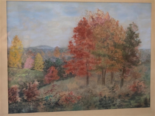 Original Pastel Drawing of Fall Foliage - Signed E.D.? In Lower Left Corner - Framed and Matted - Frame is 18 1/2 By 22 1/2 