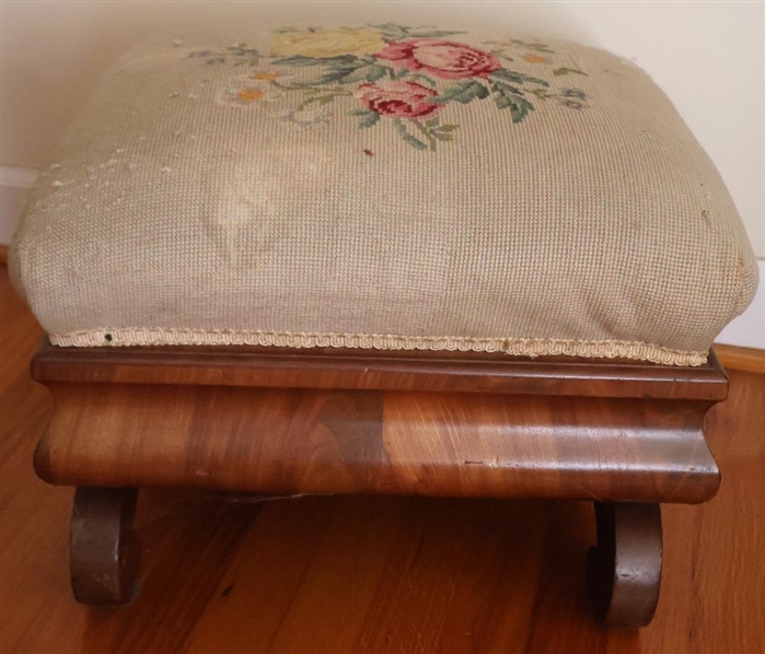 Beautiful Ogee Foot Stool with Floral Needlepoint Top - Rolled Legs - Stool is 12" Tall 17 1/2" by 15" 