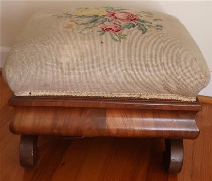 Beautiful Ogee Foot Stool with Floral Needlepoint Top - Rolled Legs - Stool is 12" Tall 17 1/2" by 15" 