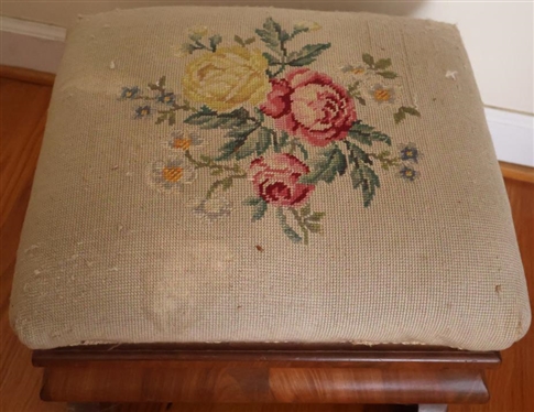 Beautiful Ogee Foot Stool with Floral Needlepoint Top - Rolled Legs - Stool is 12 Tall 17 1/2 by 15 