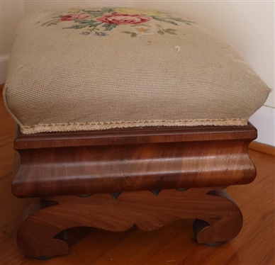 Beautiful Ogee Foot Stool with Floral Needlepoint Top - Rolled Legs - Stool is 12 Tall 17 1/2 by 15 