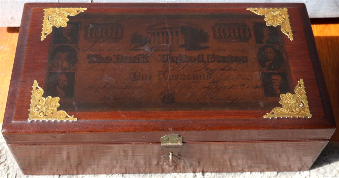 Dresser top Letter Box with Decoupage Bill on Top with Gold Accents - Felt Lined - Box is 3" Tall 9 1/2" by 5"