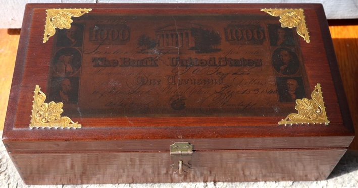 Dresser top Letter Box with Decoupage Bill on Top with Gold Accents - Felt Lined - Box is 3" Tall 9 1/2" by 5"