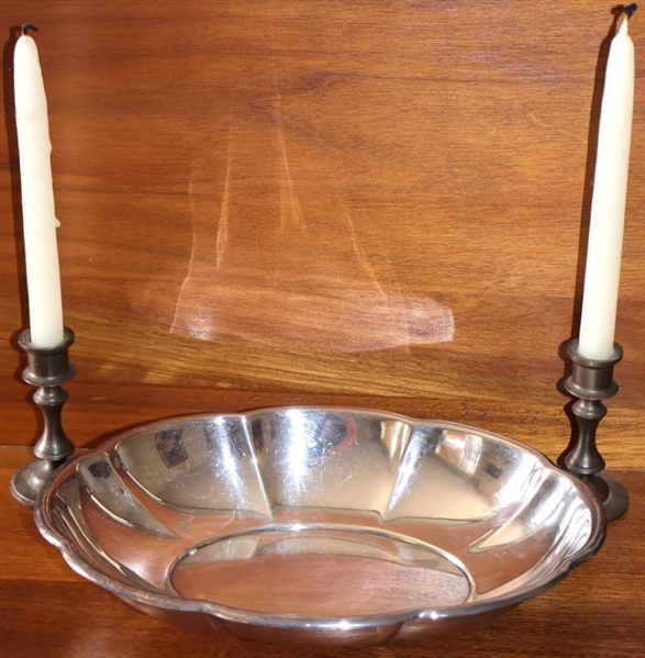 Gorham Chippendale Pattern EPC Bowl and Pair of Miniature Brass Candlesticks - Candle Sticks are 2 1/2" Tall Bowl is 7 1/2" By 5" 