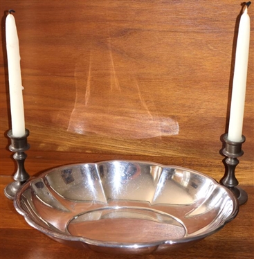 Gorham Chippendale Pattern EPC Bowl and Pair of Miniature Brass Candlesticks - Candle Sticks are 2 1/2" Tall Bowl is 7 1/2" By 5" 