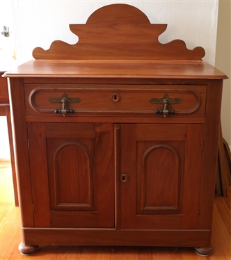 Walnut Eastlake Victorian Washstand with Drawer and Double Doors - Attractive Scrolled Backsplash - 28" Tall 31" By 16" - NO CONTENTS