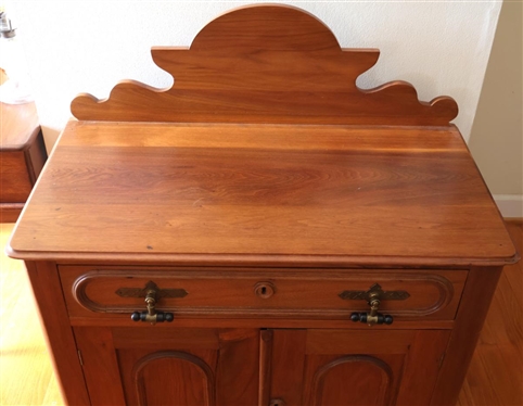 Walnut Eastlake Victorian Washstand with Drawer and Double Doors - Attractive Scrolled Backsplash - 28 Tall 31 By 16 - NO CONTENTS