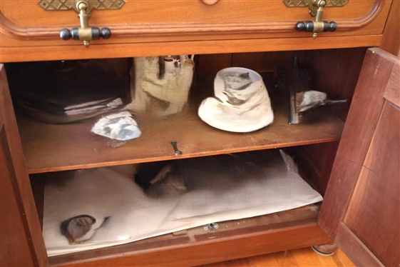 Walnut Eastlake Victorian Washstand with Drawer and Double Doors - Attractive Scrolled Backsplash - 28 Tall 31 By 16 - NO CONTENTS