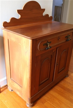 Walnut Eastlake Victorian Washstand with Drawer and Double Doors - Attractive Scrolled Backsplash - 28 Tall 31 By 16 - NO CONTENTS