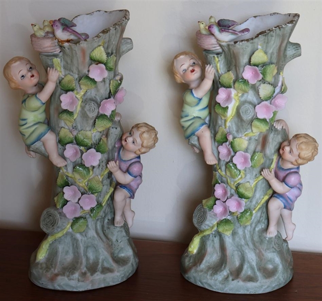 Pair of Hand Painted Lefton China Floral Tree Vases - Vining Flowers with Climbing Children Figures - Vases are 10" Tall 