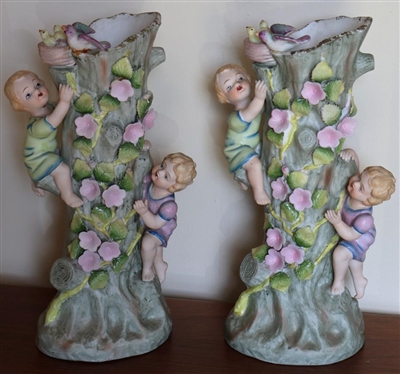 Pair of Hand Painted Lefton China Floral Tree Vases - Vining Flowers with Climbing Children Figures - Vases are 10" Tall 
